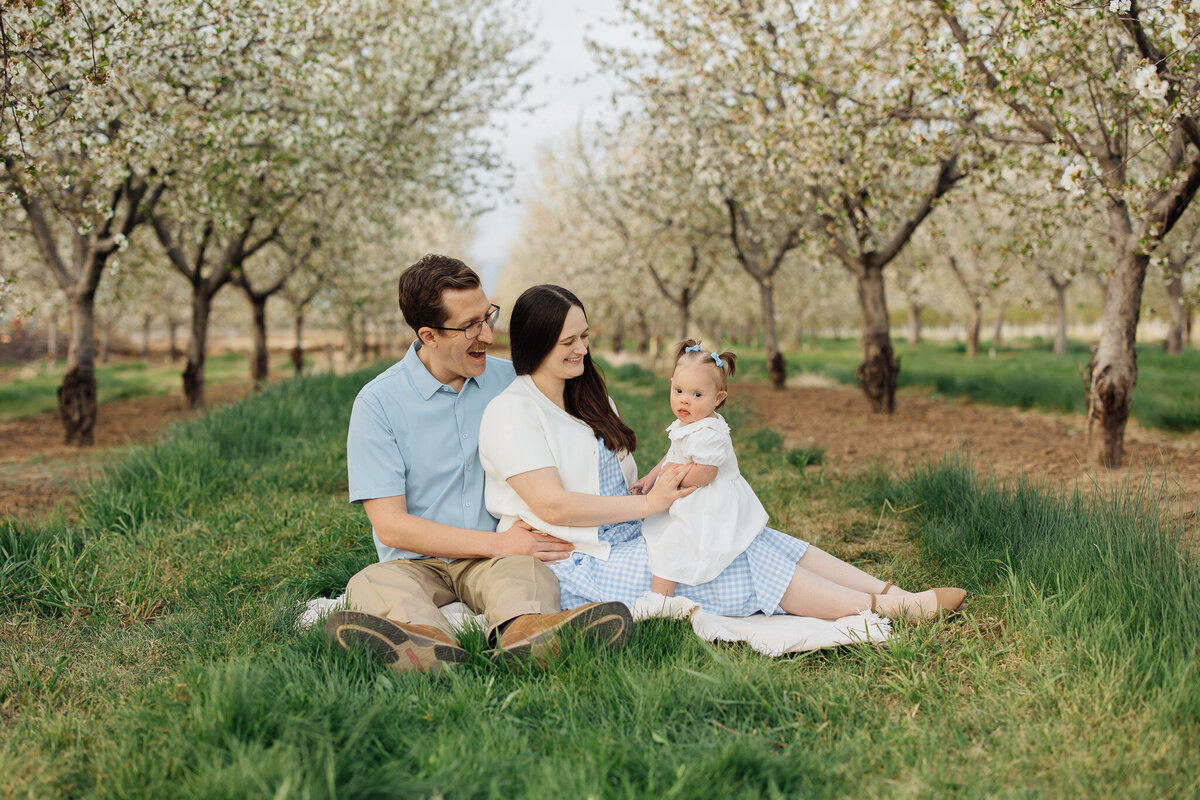 young family smiles in orchard blossom session