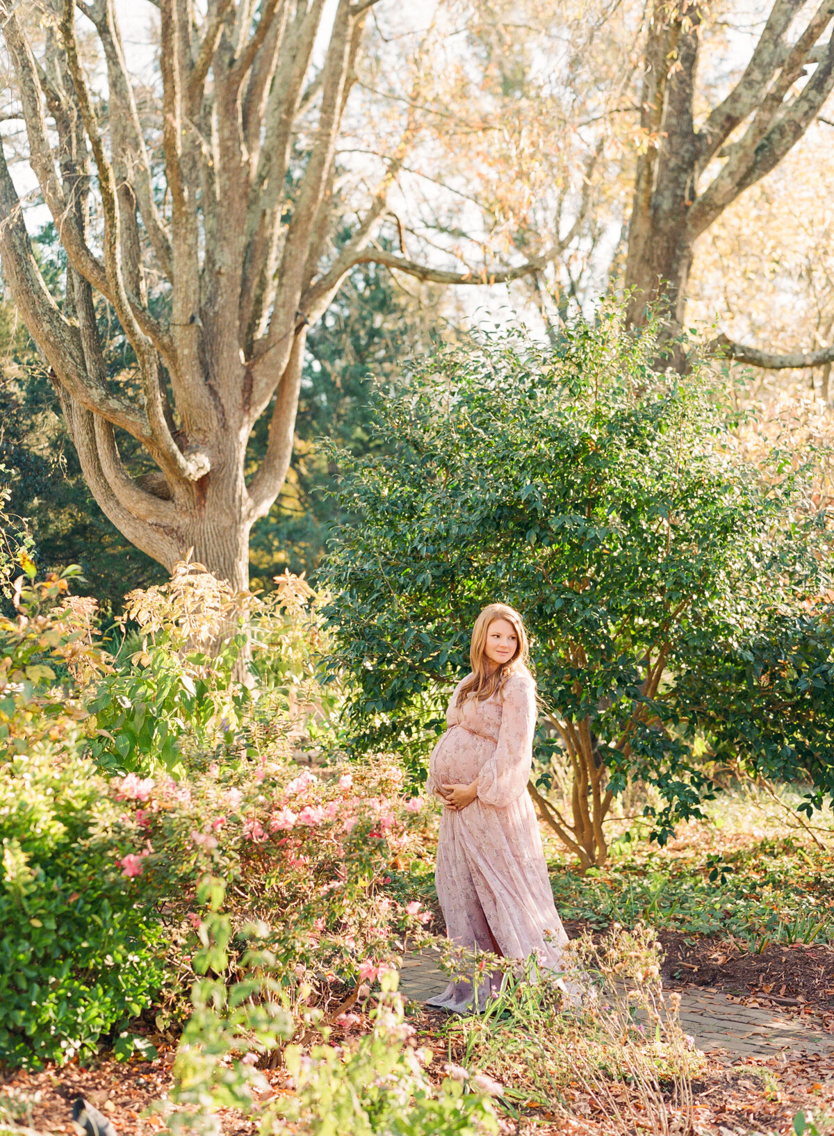 Mom holding belly during a Wake Forest Maternity session. Photographed by Raleigh maternity photograph A.J. Dunlap Photography.