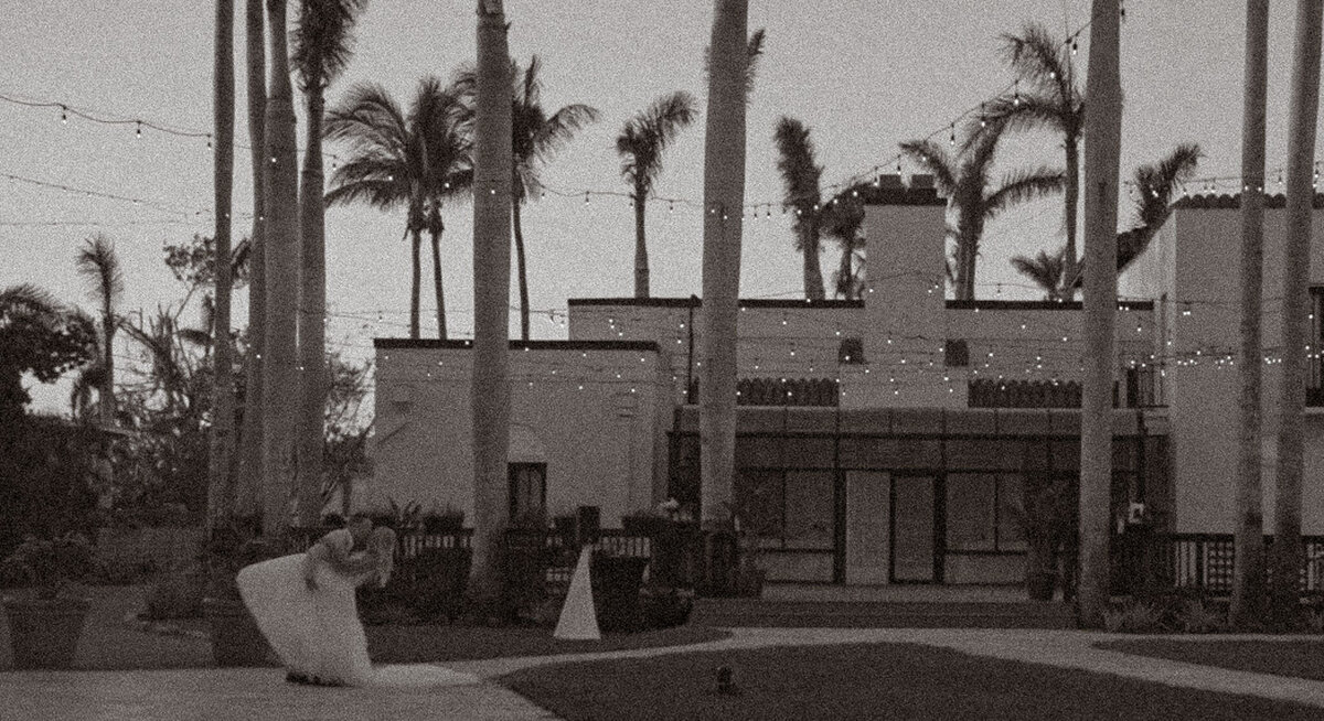 A wide, cinematic shot of silhouetted palm trees and a flat-roofed building at dusk, styled with heavy film grain and large, elegant typography.