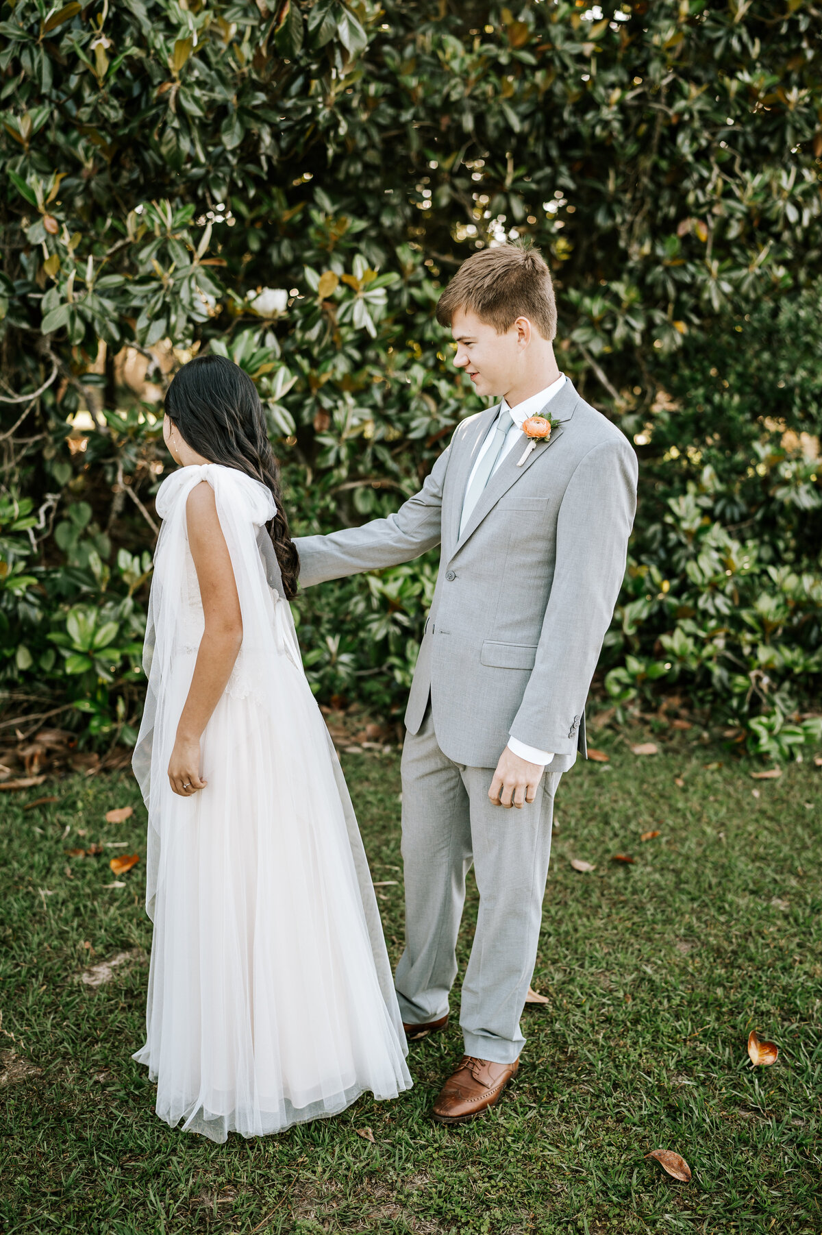 Bride Groom Magnolia Tree First Look