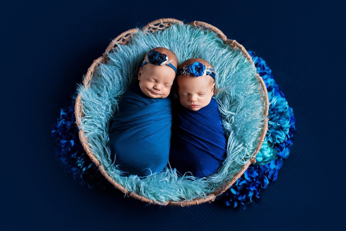 mobile-in-home-newborn-photography-vancouver-fraser-valley_newborn-twins-baby-girls-teal-mint-floral-basket