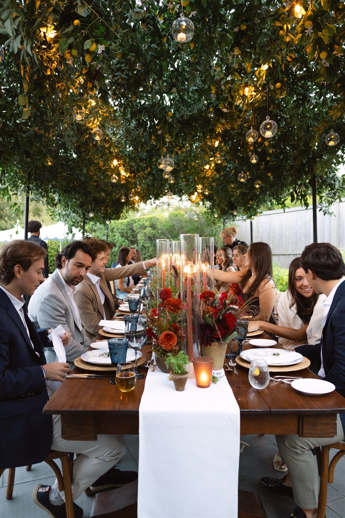 Farm tables, metal arch, Market lights, glass orbs (17)