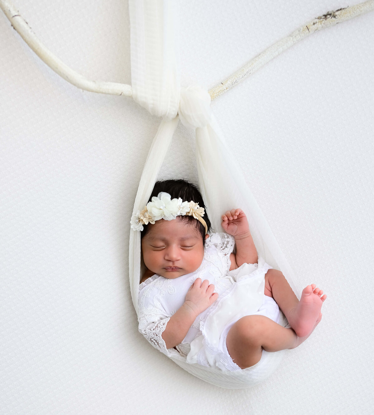 E. Benecki Photography photographs a newborn in a baby sling on a tree branch.