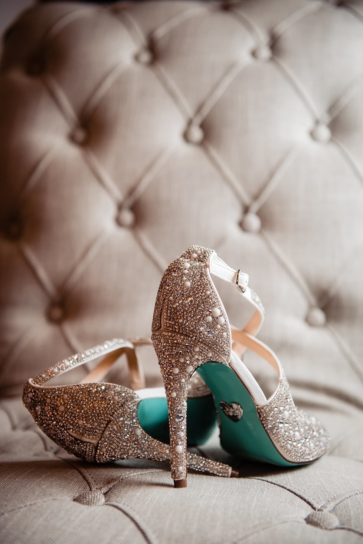 Bridal shoes with crystals and pearls covering the entire shoe