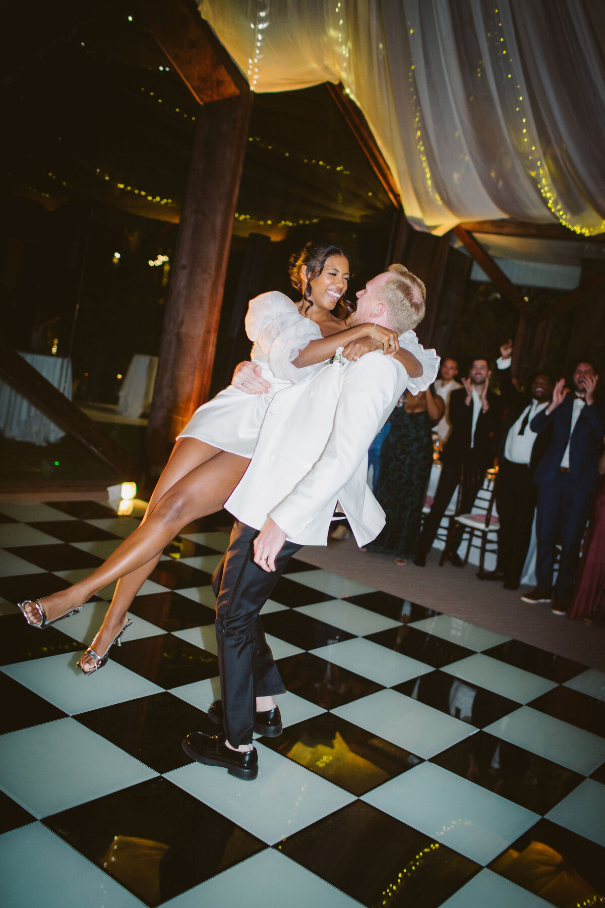Couple on checkered dance floor at Calamigos Ranch Wedding