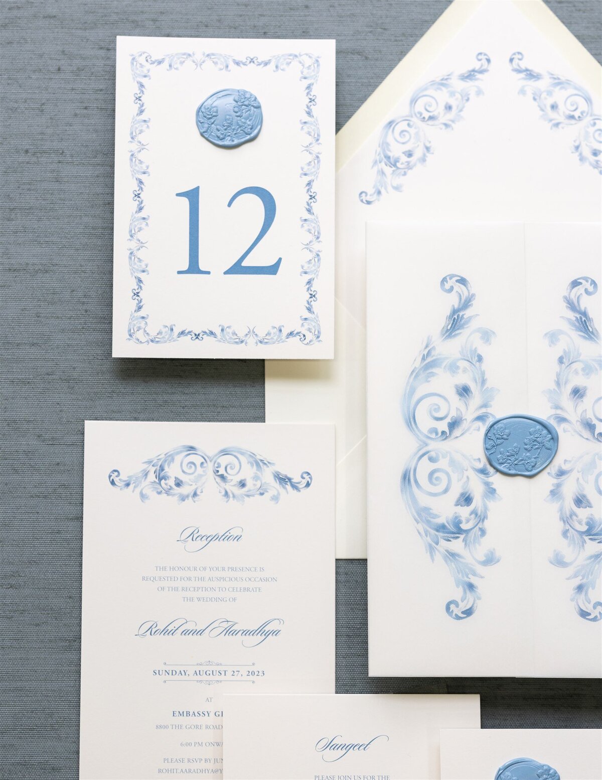 Dusty blue & ivory Hindu wedding invitation 6
