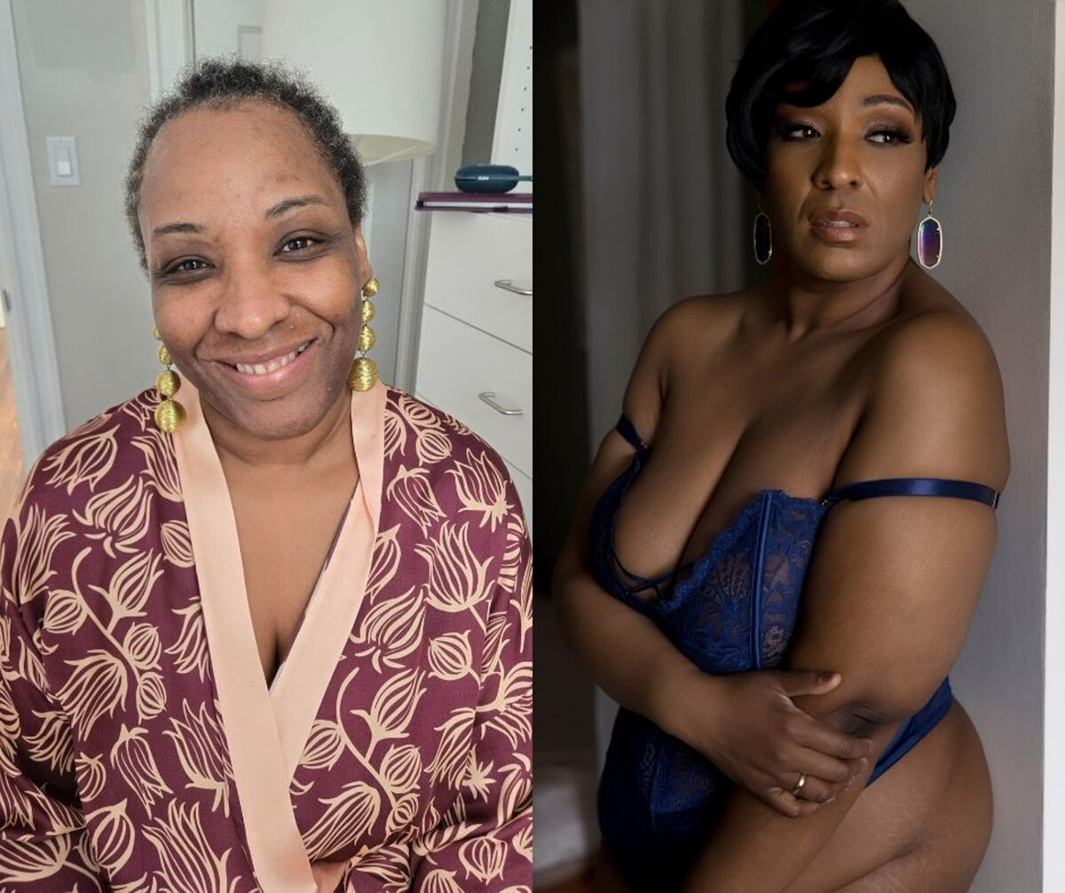 A woman smiles sitting in a purple robe next to her kneeling in a blue lace lingerie