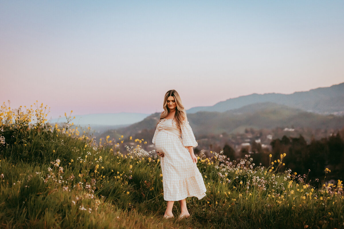 Maternity session with mama wearing a beautiful dress in the East Bay hillside