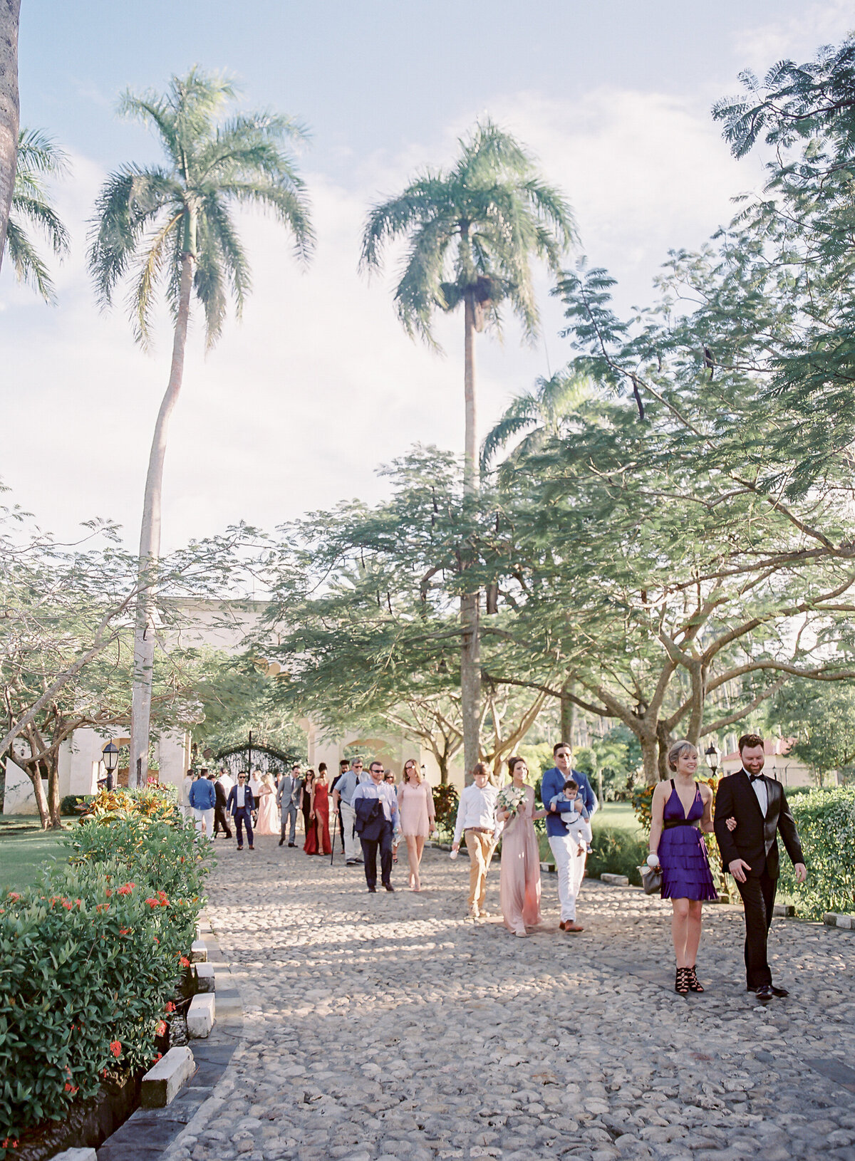 A group of people dressed in formal attire walk along a cobblestone path lined with lush green trees and vibrant flowers. Tall palm trees rise above the foliage, and the sky is bright with scattered clouds. The setting appears to be a garden or an outdoor event.