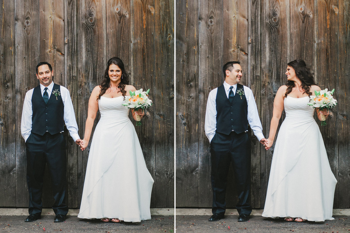 Photo of bride and groom in front of wooden barn in Oregon | Susie Moreno Photography