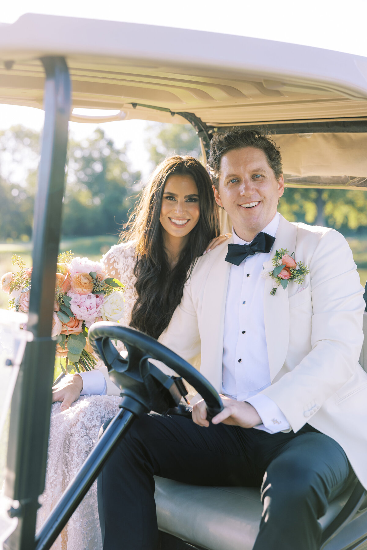 Bride and Groom on Golf Cart at Skokie Country Club Wedding