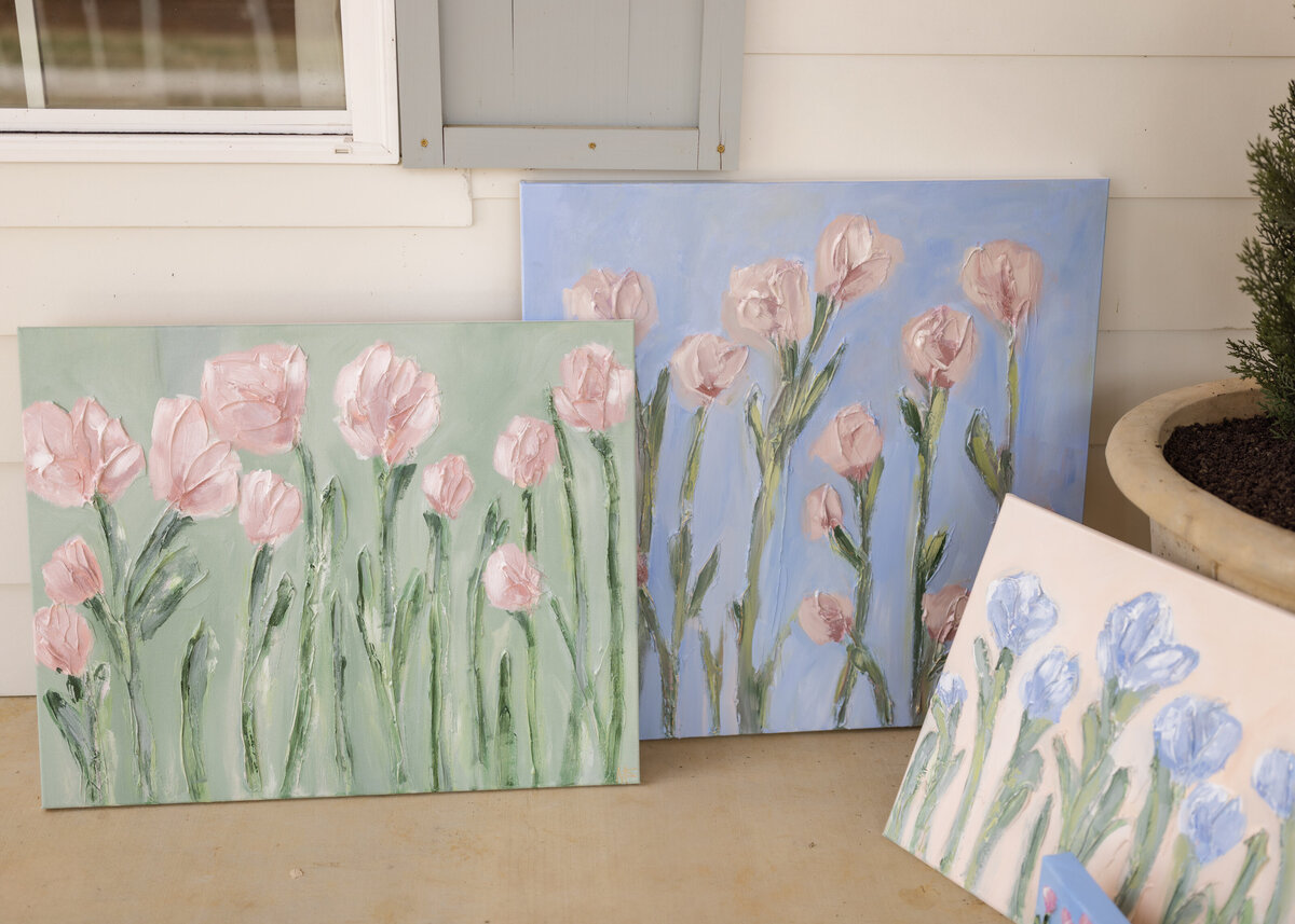 floral paintings in studio by MIriam Shufelt Art