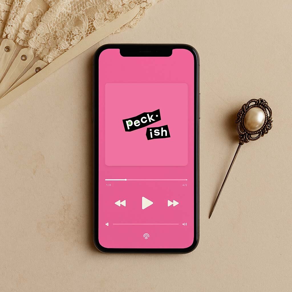 A smartphone displays a bright pink podcast interface with the logo “Peck•ish” in bold, playful black-and-white cutout text. The phone rests on a beige surface with a vintage brooch and a lace fan nearby, evoking a romantic, modern-meets-antique aesthetic.