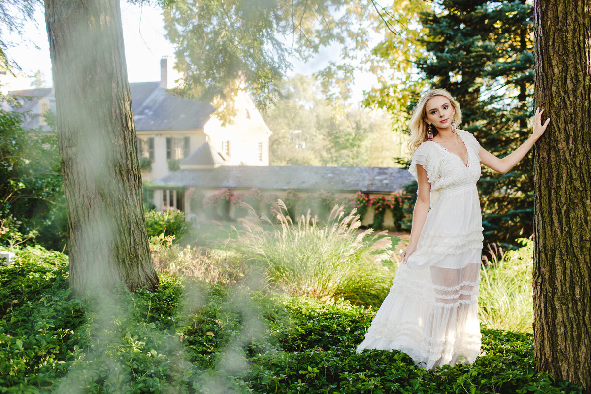 Camp-Hill-Senior-Photographer-Editorial-inspired-white-dress-gardens