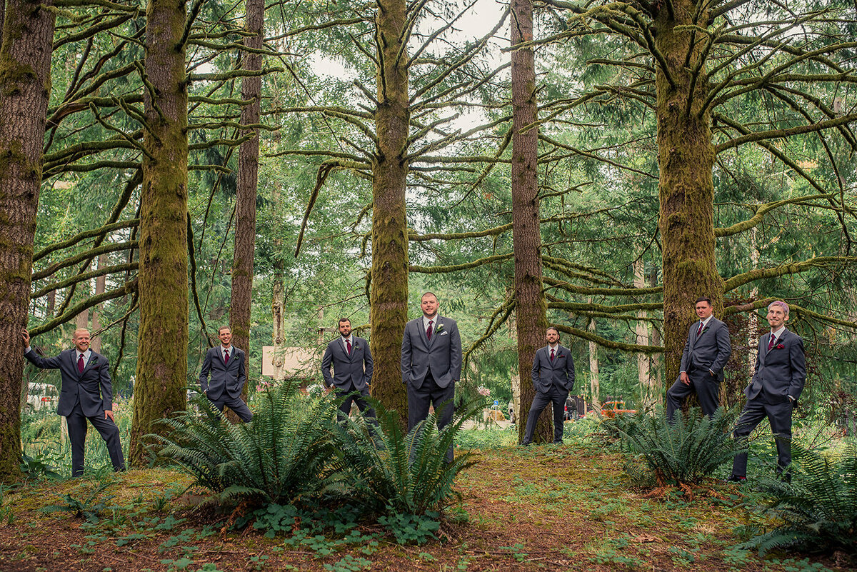 groomsmen in trees