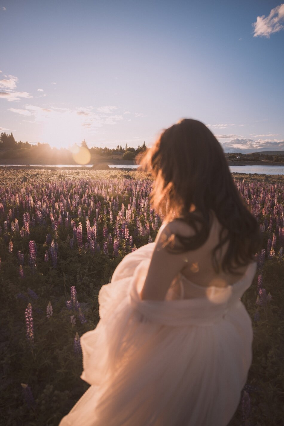 Pre-wedding photoshoot, the lupins, Lake Tekapo. Galia Lahav Haute Couture gown.