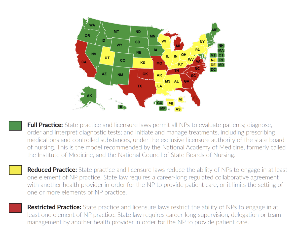 NP practice map of the U.S.