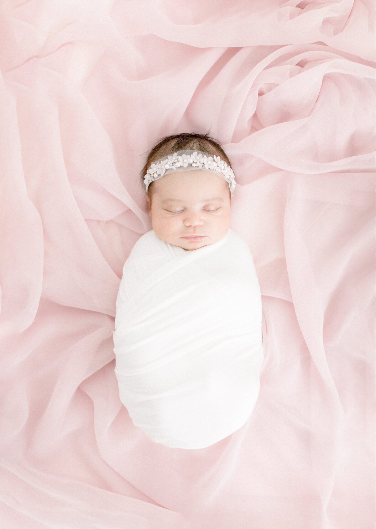 Portrait of a newborn baby wrapped and laying on blush chiffon fabric
