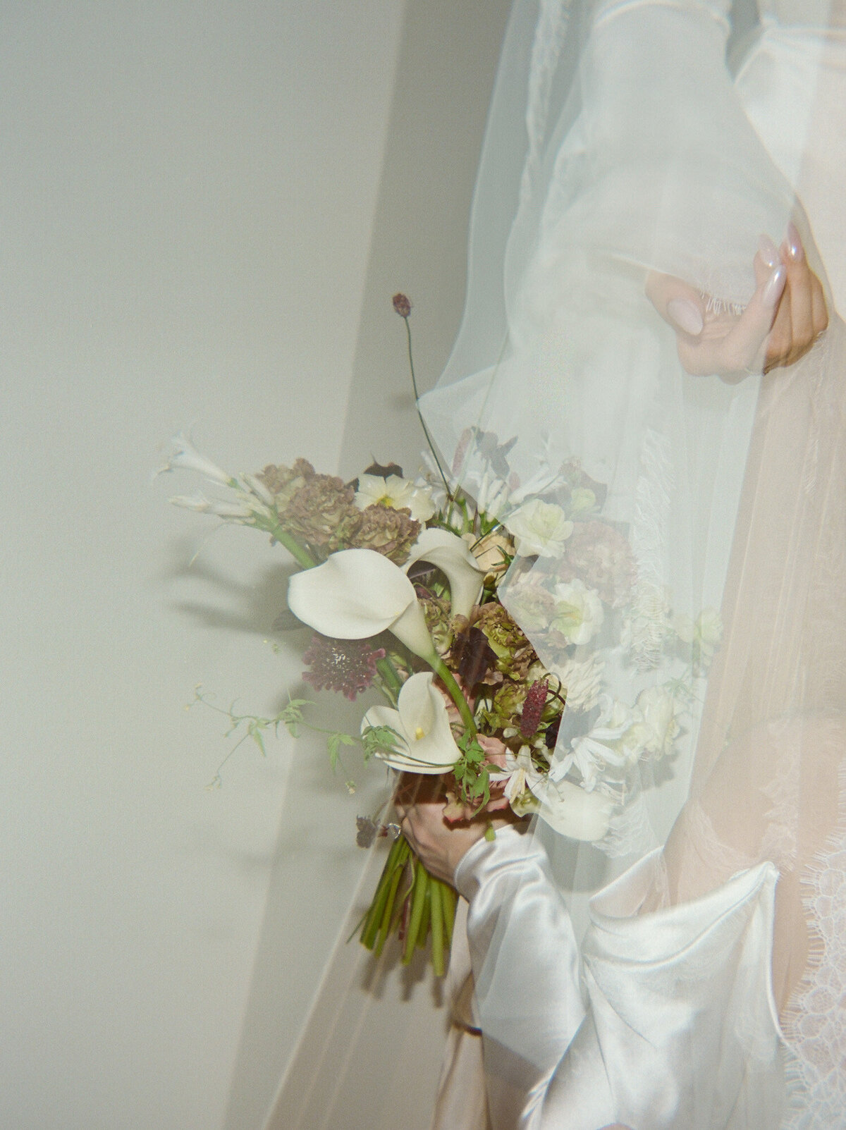 artistic film wedding photography, film double exposure of fall wedding flowers