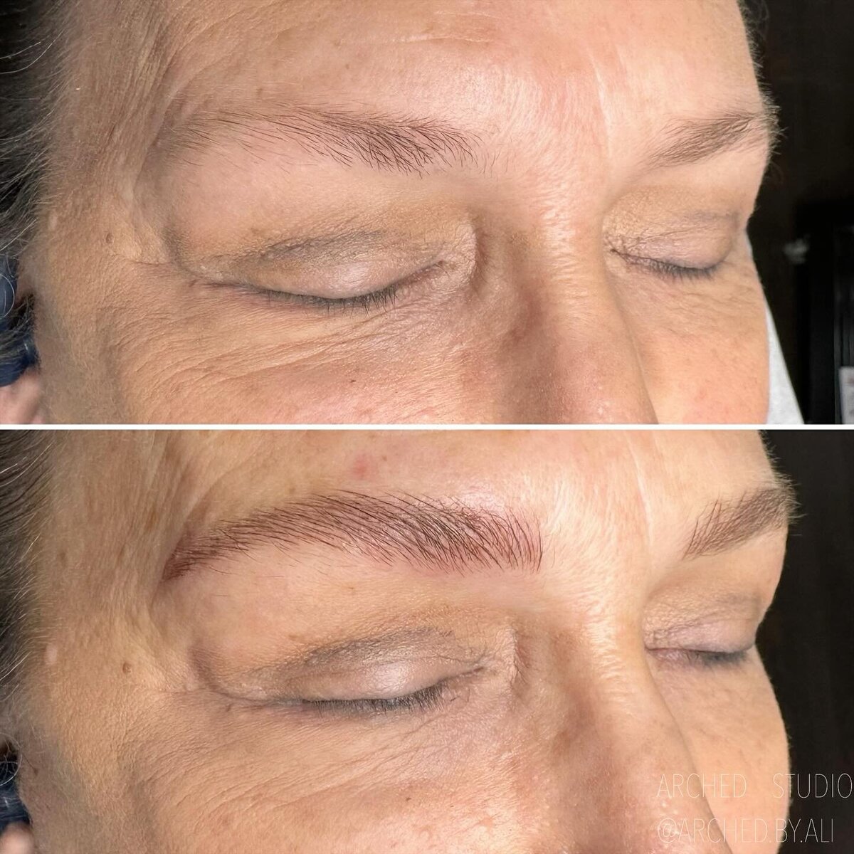 Female enhanced eyebrows that look naturally fluffy, through nicroblading services at ARCHED Coastal in Gulf Shores, Alabama.