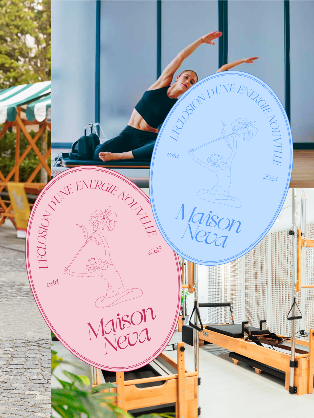 Maquette créée par Fenicia Studio pour l'identité visuelle d'un studio de pilates haut de gamme. Elle représente le logo aux couleurs de la marque sur une image de studio de pilates.