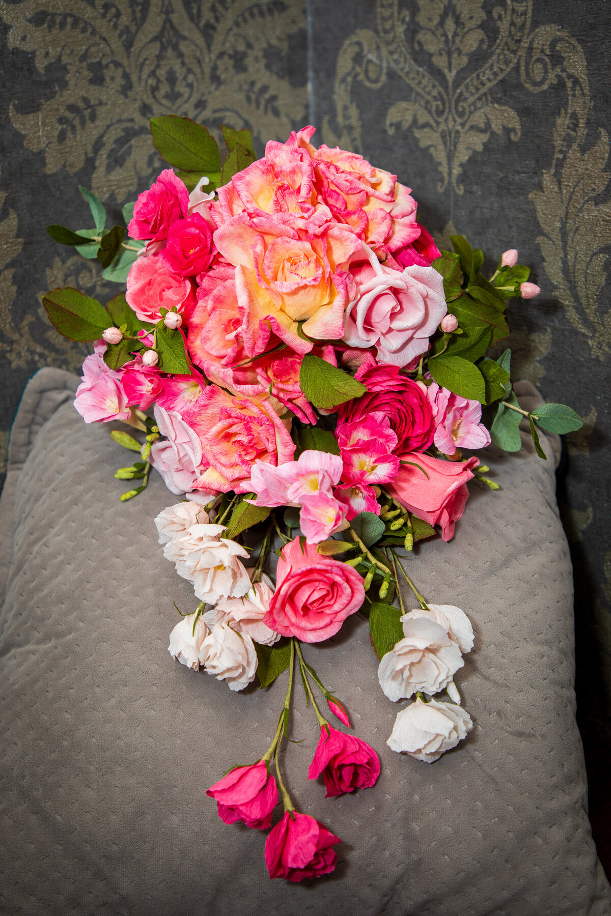 Pink rose wedding bouquet in paper