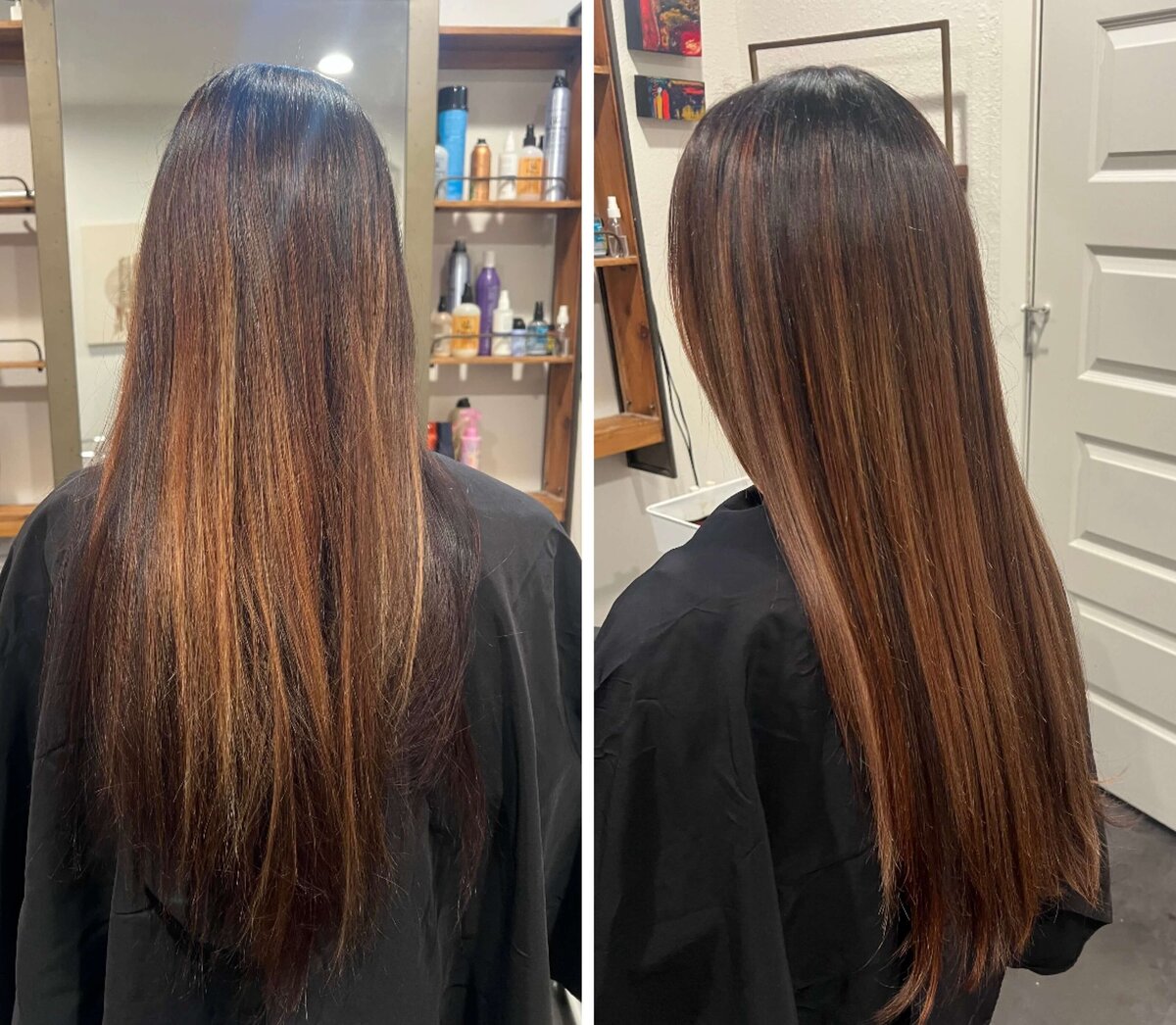 Before and After comparison of long keratin brunette hair extensions.