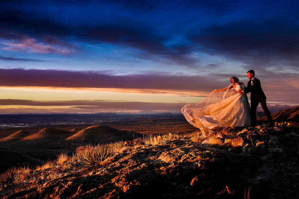 bride and groom in the franklin mountains In el paso texas
