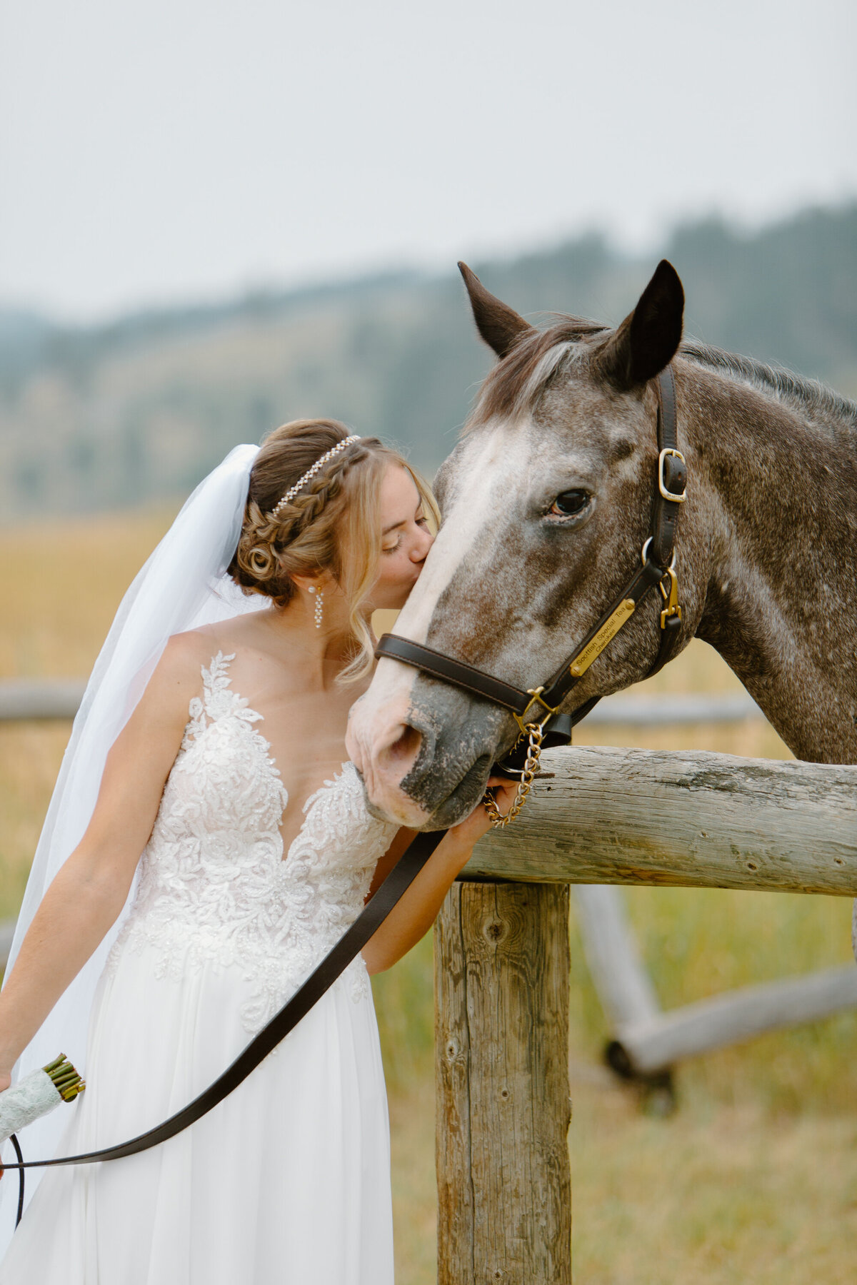 A bride kisses her horse in Lory State Park, Colorado.