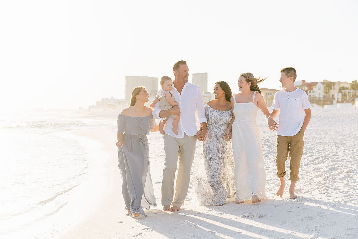 beautiful large family walking on a beautiful beach in destin florida