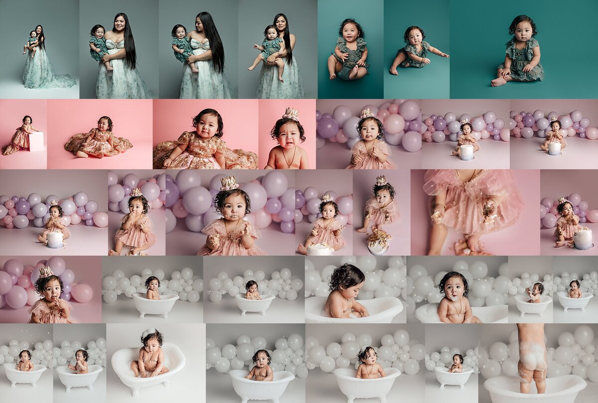 Collage capturing happy baby expressions, creative outfits, and parent snuggles