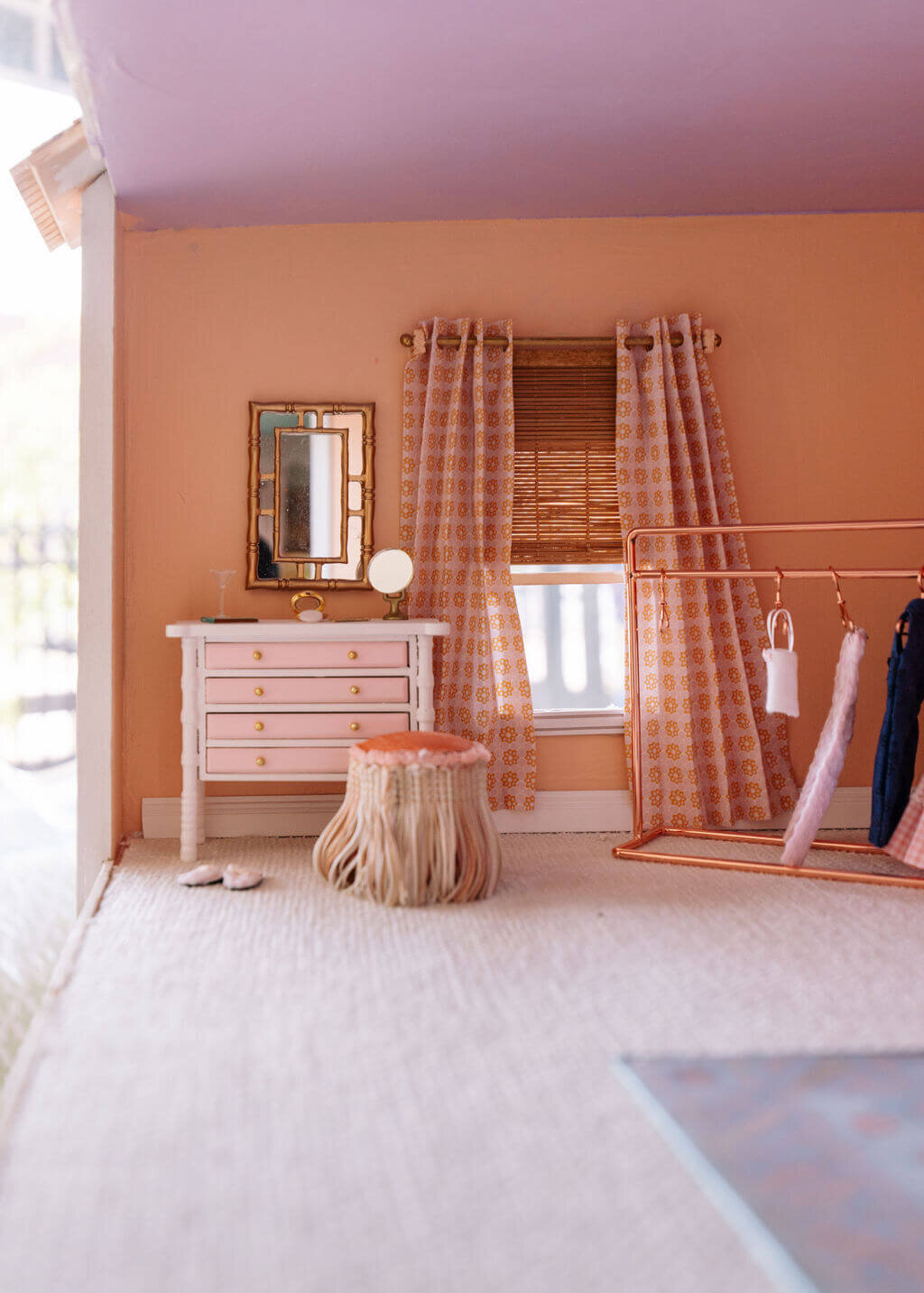 oyster creek studios petite palm beach dollhouse pink table with wardrobe and pink gingham curtain in dollhouse