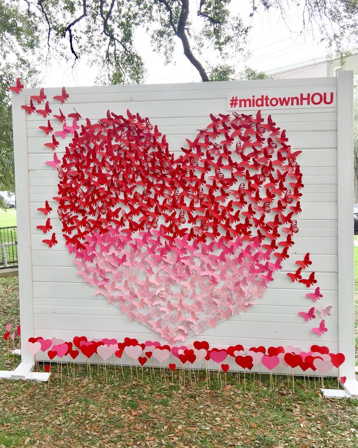 Midtown Houston white backdrop with red and pink paper butterflies in a heart shape