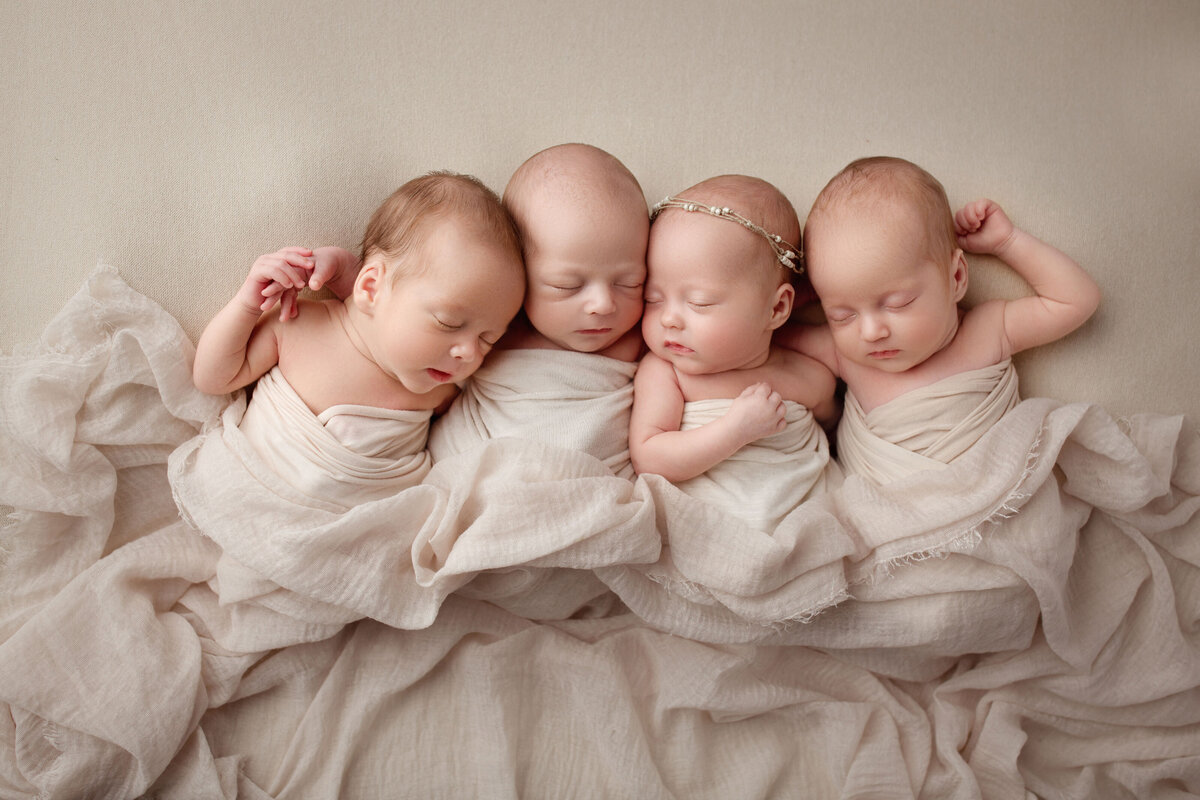quadruplets posed together on a cream blankets snuggling and holding hands