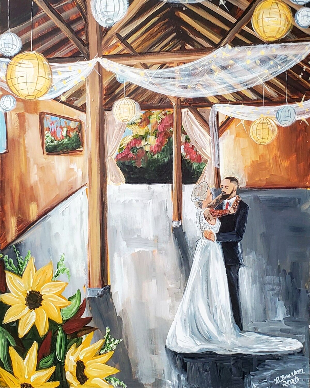 First dance live wedding painting with sunflowers in an old barn