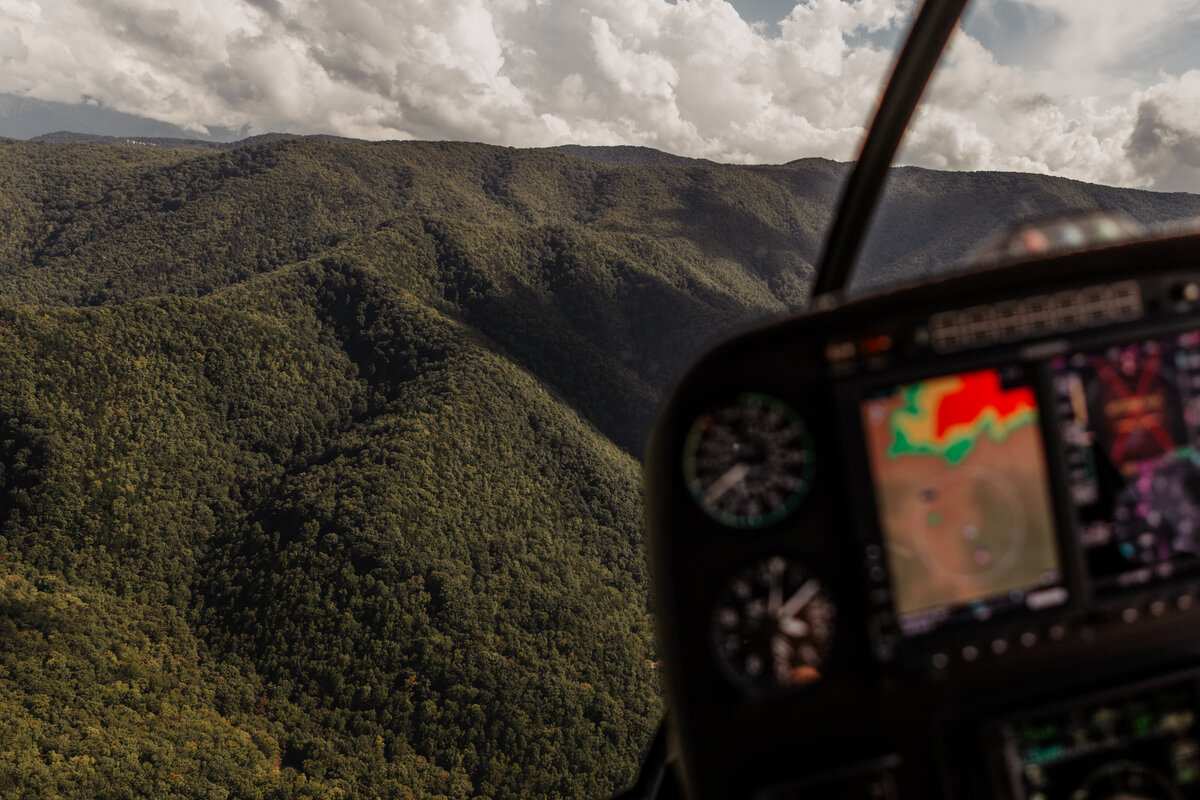Scenic helicopter tour during adventure elopement in the Smoky Mountains