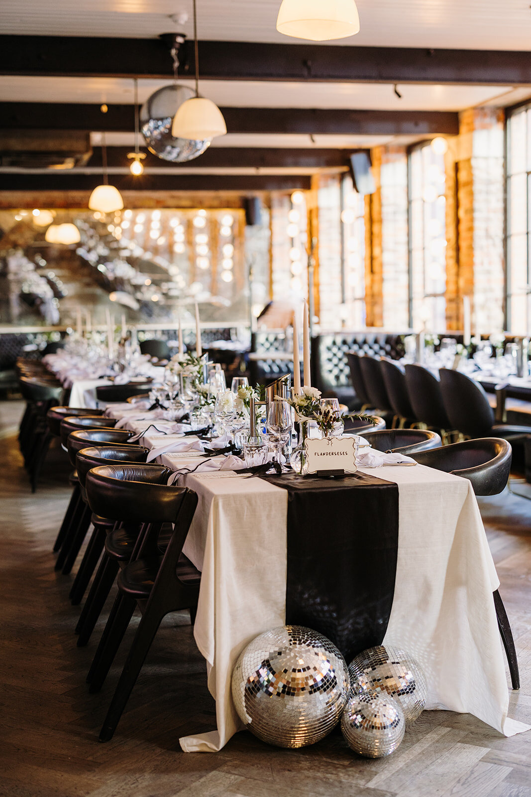 Black and white chic wedding table decor at Roberta’s in Dublin, Ireland