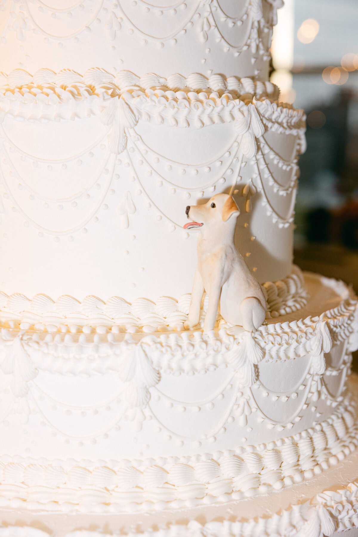 A wedding day photo of the white wedding cake showing off the details