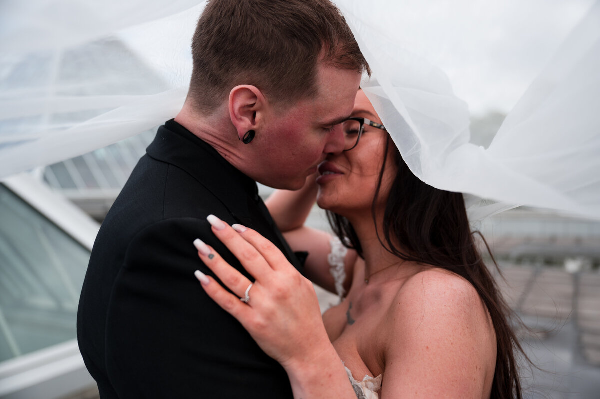 bride and groom kiss under the veil 