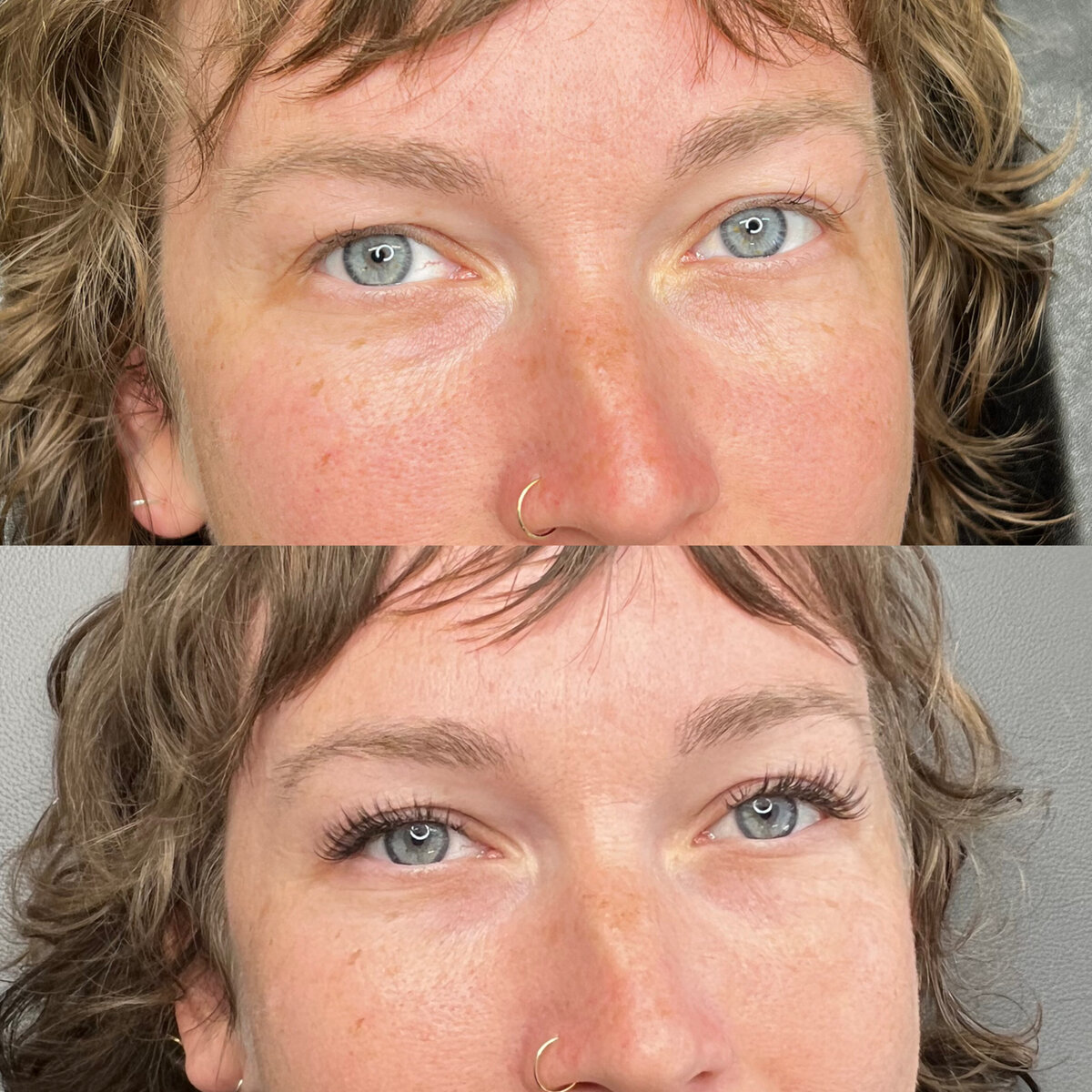 comparison of before and after photos of lash service.
