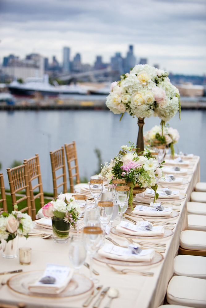 Elegant outdoor spring garden wedding at Admirals House Seattle with blush floral.