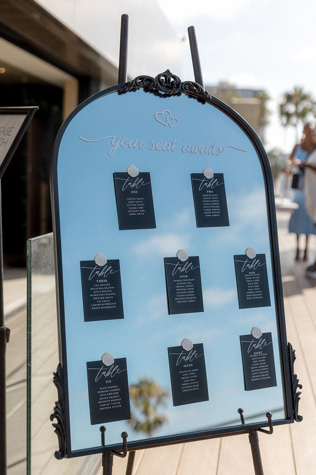 Wedding table numbers on mirror for a San Diego Wedding