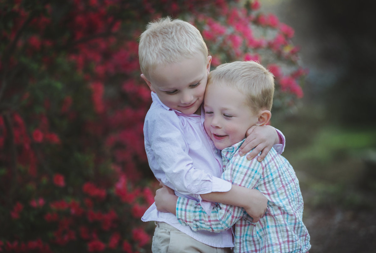 charlotte family photographer jamie lucido captures brothers embracing during family session in Rock Hill with azaleas in background