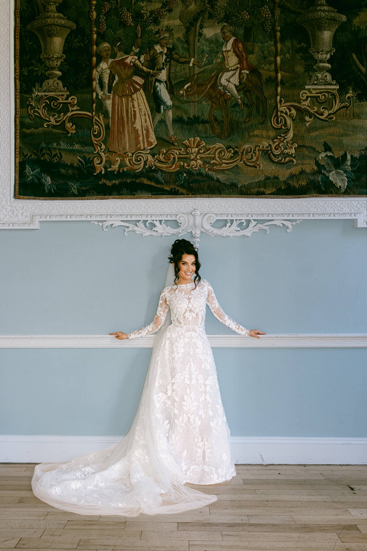 A wedding day photo of the bride in her white dress at the Luttrellstown Castle