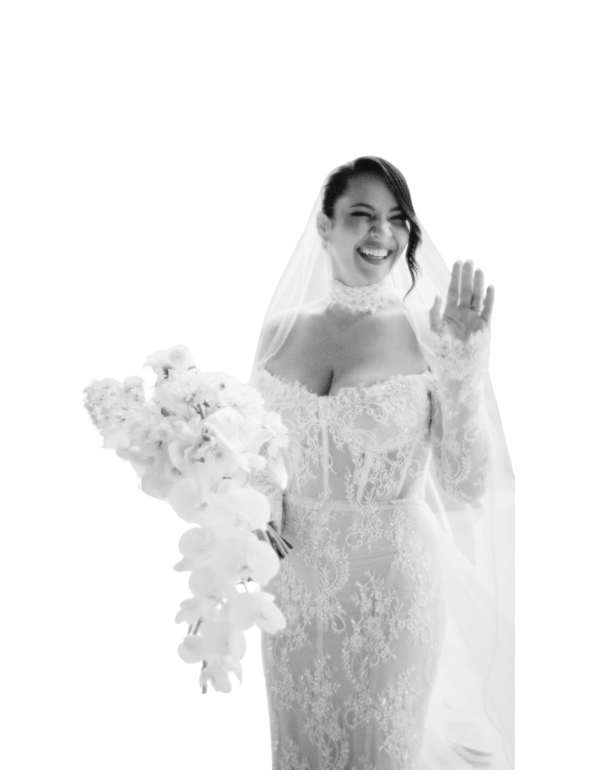 Long Island bride holding flowers and waving