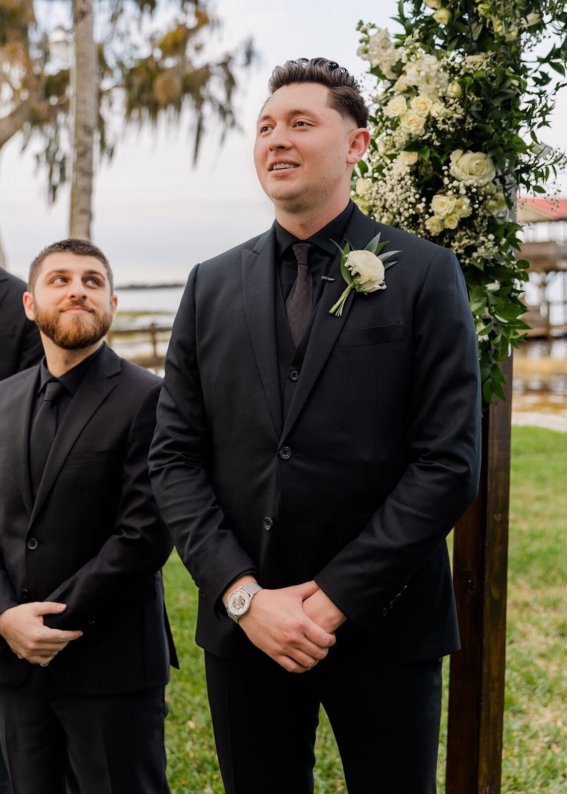 Groom at wedding ceremony waiting for bride at Bella Cosa, Lake Wales, Florida