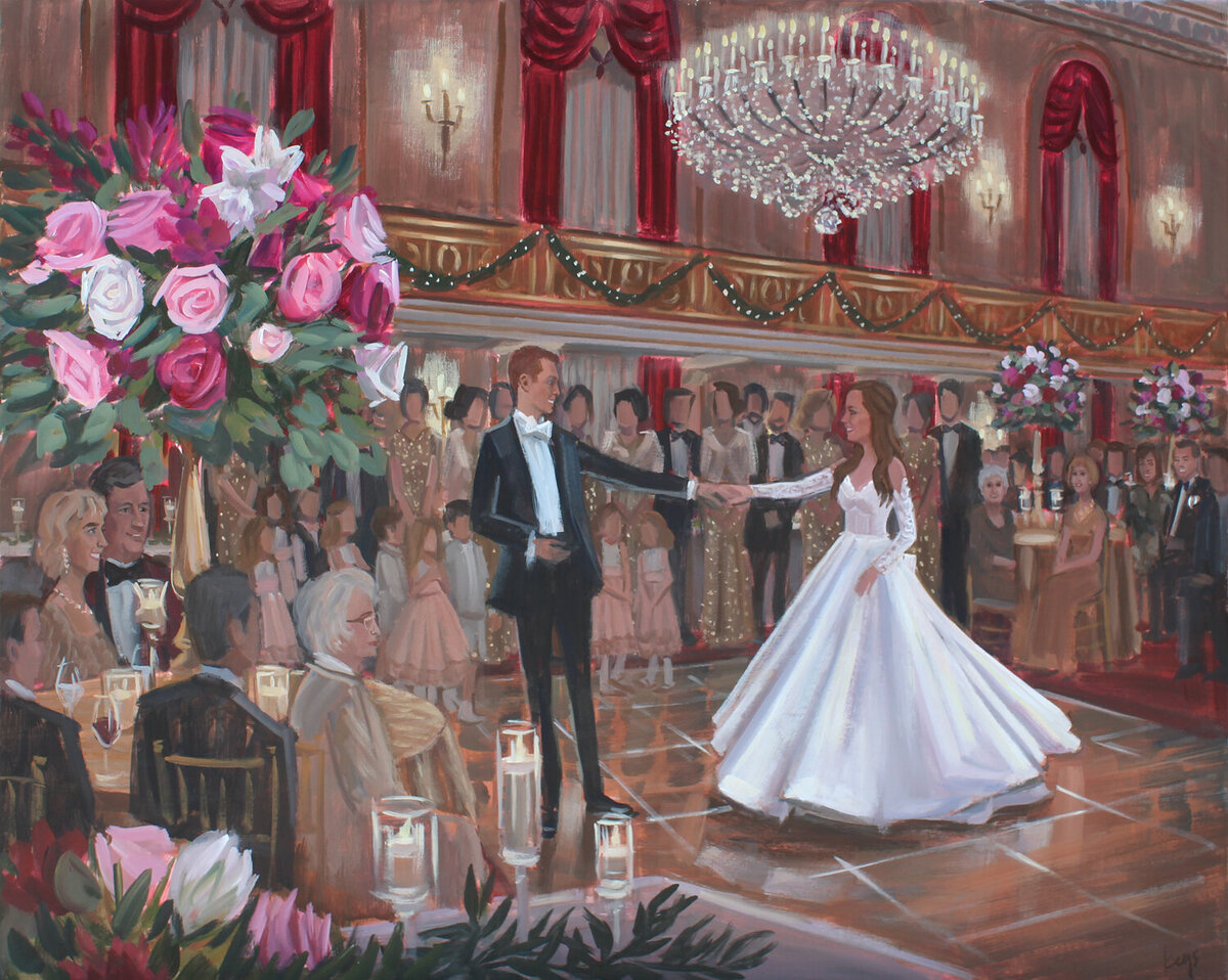 wedding painting of bride and groom dancing
