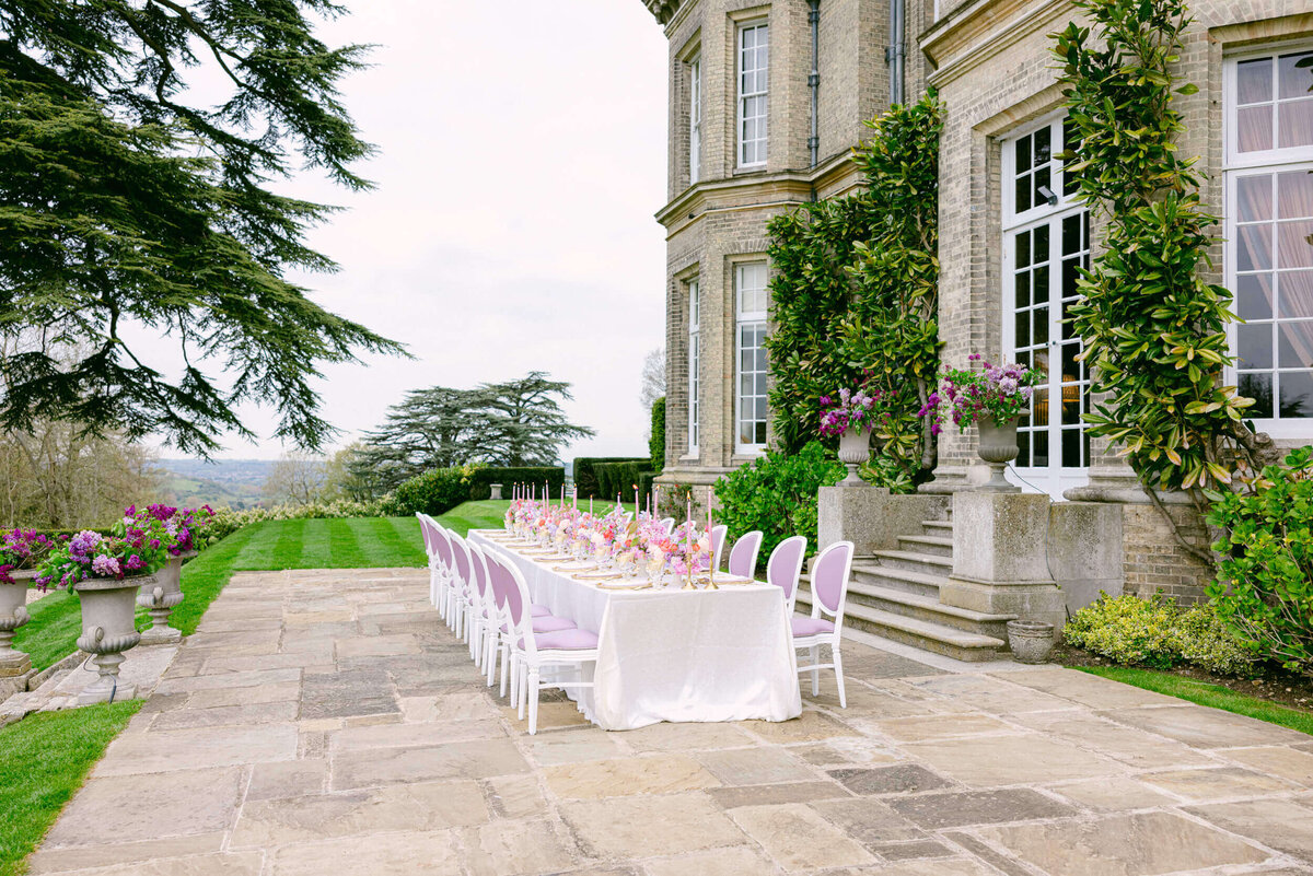 A wedding day photo of the reception dinner table at Hedsor House in the UK