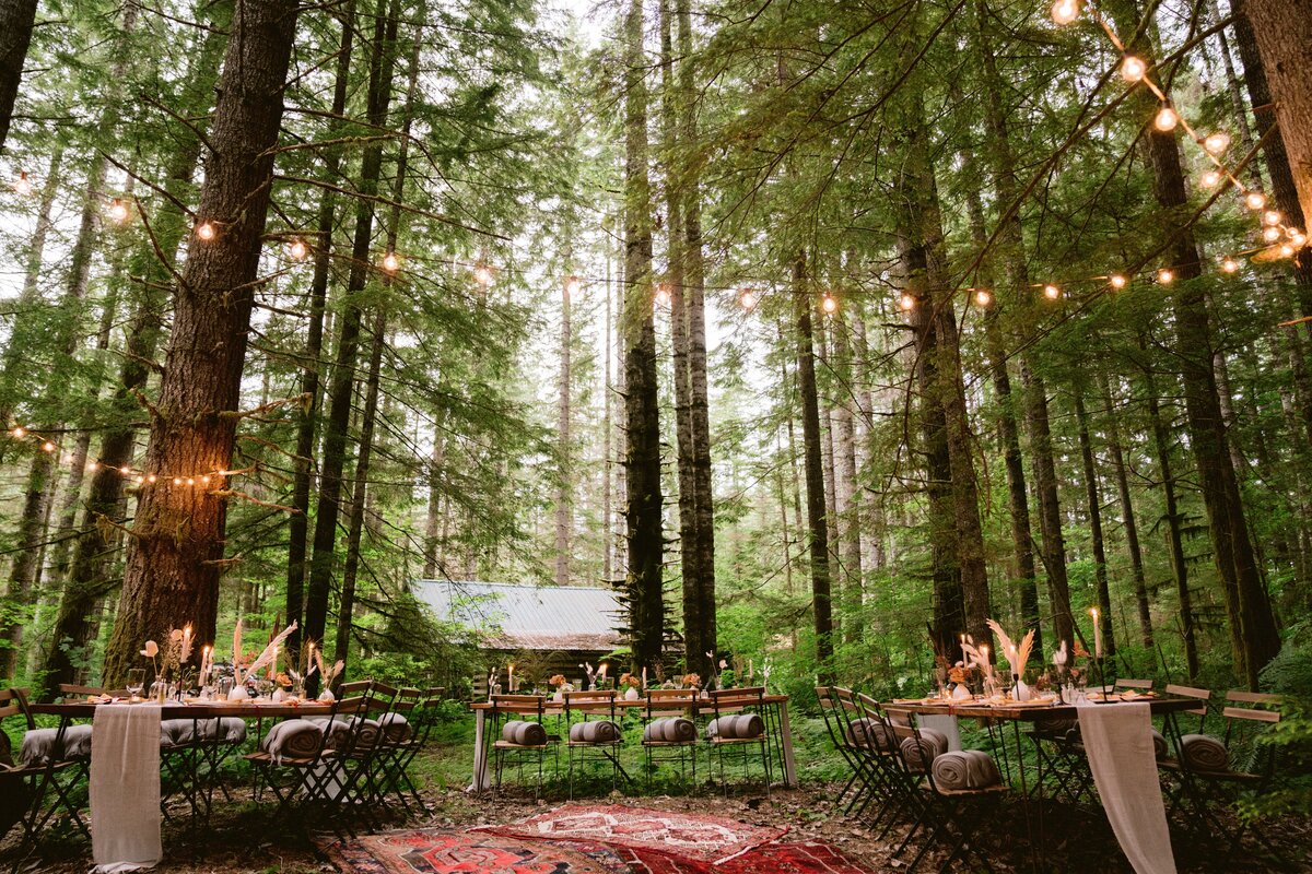 An intimate wedding dinner in the woods setup in a u-shape under string lights near Mount Rainier!