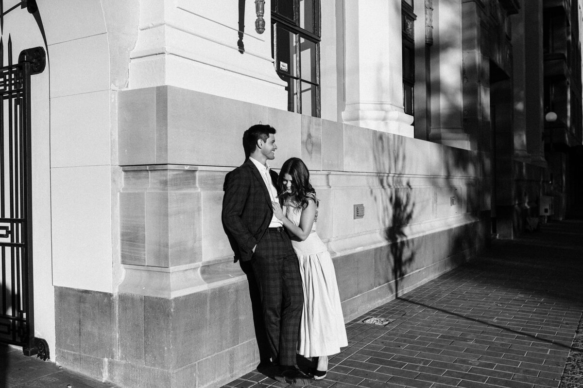 engagement couple classic black white christchurch cbd urban